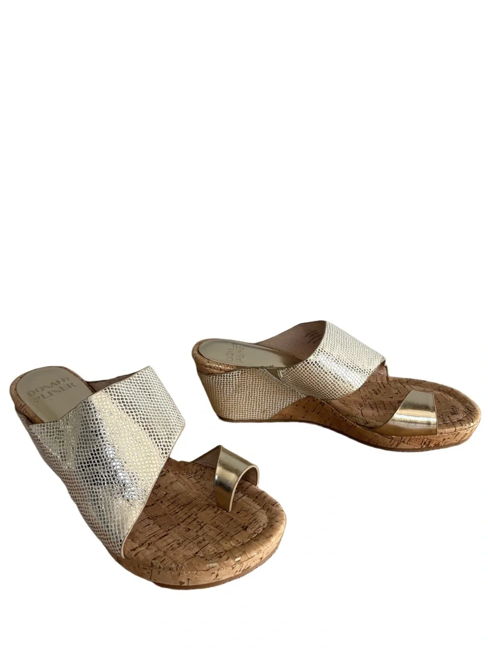 Donald Pliner Gemmy Gold Metallic Lizard Suede Cork Wedge Sandals size 8.5